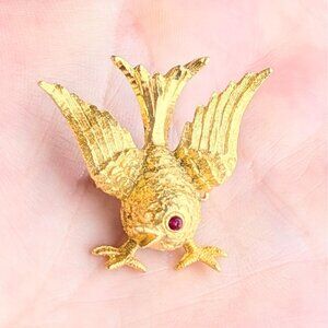 Vintage Mid-Century Gold Bird Brooch Pin Red Rhinestone Scarf Pin for Bird Lover